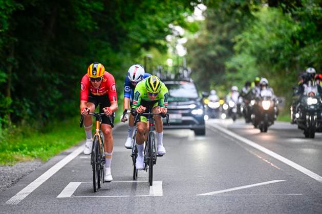 Tour de Wallonie 2025 Stage 3 ANTOING, BELGIUM - JULY 28 : Le Huitouze Eddy of Groupama FDJ, Wallin Rasmus Bogh of Uno-X Mobility, Renard-Haquin Henri-Francois of Wagner Bazin WB in the escape pack during stage 3 of the 30th edition of Tour de Wallonie an UCI ProSeries 2.Pro cycling road race stage for Men Elite of 165.3 km with start in Estinnes and finish in Antoing on July 28, 2025 in Antoing, Belgium, 28 07 2025 ( Motordriver Pieter Van Herzele - Antoing Belgium  Copyright: xTomasxSiskx