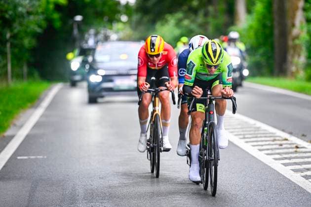 Tour de Wallonie 2025 Stage 3 ANTOING, BELGIUM - JULY 28 : Le Huitouze Eddy of Groupama FDJ, Wallin Rasmus Bogh of Uno-X Mobility, Renard-Haquin Henri-Francois of Wagner Bazin WB in the escape pack during stage 3 of the 30th edition of Tour de Wallonie an UCI ProSeries 2.Pro cycling road race stage for Men Elite of 165.3 km with start in Estinnes and finish in Antoing on July 28, 2025 in Antoing, Belgium, 28 07 2025 ( Motordriver Pieter Van Herzele - Antoing Belgium  Copyright: xTomasxSiskx