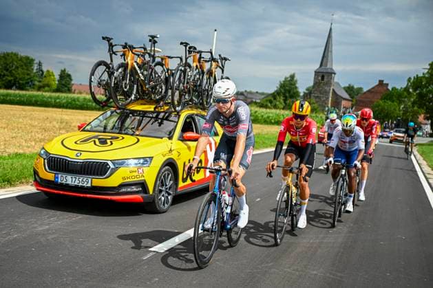 Tour de Wallonie 2025 Stage 3 ANTOING, BELGIUM - JULY 28 : Loland Sakarias Koller of Uno-X Mobility, Del Grosso Tibor (BEL) of Alpecin-Deceuninck in action during stage 3 of the 30th edition of Tour de Wallonie an UCI ProSeries 2.Pro cycling road race stage for Men Elite of 165.3 km with start in Estinnes and finish in Antoing on July 28, 2025 in Antoing, Belgium, 28 07 2025 ( Motordriver Pieter Van Herzele - Antoing Belgium  Copyright: xTomasxSiskx