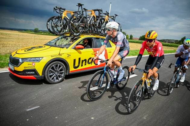 Tour de Wallonie 2025 Stage 3 ANTOING, BELGIUM - JULY 28 : Loland Sakarias Koller of Uno-X Mobility, Del Grosso Tibor (BEL) of Alpecin-Deceuninck in action during stage 3 of the 30th edition of Tour de Wallonie an UCI ProSeries 2.Pro cycling road race stage for Men Elite of 165.3 km with start in Estinnes and finish in Antoing on July 28, 2025 in Antoing, Belgium, 28 07 2025 ( Motordriver Pieter Van Herzele - Antoing Belgium  Copyright: xTomasxSiskx