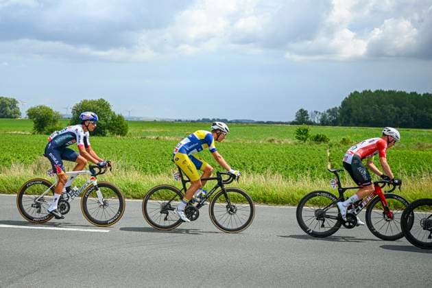 Tour de Wallonie 2025 Stage 3 ANTOING, BELGIUM - JULY 28 : Donati Davide of Red Bull - BORA - Hansgrohe, Dejaegher Jasper of Team Flanders - Baloise, Van Boven Luca of Intermarche - Wanty in action during stage 3 of the 30th edition of Tour de Wallonie an UCI ProSeries 2.Pro cycling road race stage for Men Elite of 165.3 km with start in Estinnes and finish in Antoing on July 28, 2025 in Antoing, Belgium, 28 07 2025 ( Motordriver Pieter Van Herzele - Antoing Belgium  Copyright: xTomasxSiskx