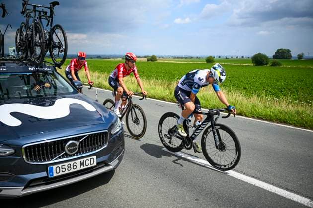 Tour de Wallonie 2025 Stage 3 ANTOING, BELGIUM - JULY 28 : Vandenabeele Henri of Lotto, Canal Carlos of Movistar Team in action during stage 3 of the 30th edition of Tour de Wallonie an UCI ProSeries 2.Pro cycling road race stage for Men Elite of 165.3 km with start in Estinnes and finish in Antoing on July 28, 2025 in Antoing, Belgium, 28 07 2025 ( Motordriver Pieter Van Herzele - Antoing Belgium  Copyright: xTomasxSiskx