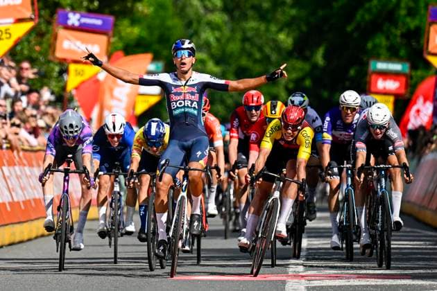 Tour de Wallonie 2025 Stage 3 ANTOING, BELGIUM - JULY 28 : Donati Davide of Red Bull - BORA - Hansgrohe celebrating his victory during stage 3 of the 30th edition of Tour de Wallonie an UCI ProSeries 2.Pro cycling road race stage for Men Elite of 165.3 km with start in Estinnes and finish in Antoing on July 28, 2025 in Antoing, Belgium, 28 07 2025 ( Motordriver Pieter Van Herzele - Antoing Belgium  Copyright: xTomasxSiskx