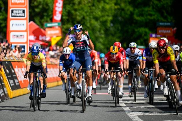 Tour de Wallonie 2025 Stage 3 ANTOING, BELGIUM - JULY 28 : Donati Davide of Red Bull - BORA - Hansgrohe celebrating his victory during stage 3 of the 30th edition of Tour de Wallonie an UCI ProSeries 2.Pro cycling road race stage for Men Elite of 165.3 km with start in Estinnes and finish in Antoing on July 28, 2025 in Antoing, Belgium, 28 07 2025 ( Motordriver Pieter Van Herzele - Antoing Belgium  Copyright: xTomasxSiskx