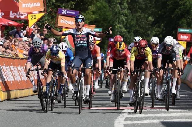 Davide Donati of Red Bull pictured crossing the finish line of the second stage of the Tour De Wallonie cycling race, from Huy to Sambreville (153km), on Sunday 27 July 2025. BRUNOxFAHY  x130197429x