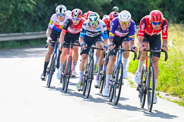 Tour de Wallonie 2025 Stage 3 ANTOING, BELGIUM - JULY 28 : Canal Carlos (ESP) of Movistar Team, Kielich Timo (POL) of Alpecin-Deceuninck, Aerts Toon (BEL) of Lotto Cycling Team in the escape pack during stage 3 of the 30th edition of Tour de Wallonie an UCI ProSeries 2.Pro cycling road race stage for Men Elite of 165.3 km with start in Estinnes and finish in Antoing on July 28, 2025 in Antoing, Belgium, 28 07 2025 ( Motordriver Pieter Van Herzele - Antoing Belgium  Copyright: xTomasxSiskx