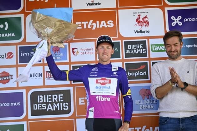 Tour de Wallonie 2025 Stage 3 ANTOING, BELGIUM - JULY 28 : Kielich Timo (POL) of Alpecin-Deceuninck on the podium during stage 3 of the 30th edition of Tour de Wallonie an UCI ProSeries 2.Pro cycling road race stage for Men Elite of 165.3 km with start in Estinnes and finish in Antoing on July 28, 2025 in Antoing, Belgium, 28 07 2025 ( Motordriver Pieter Van Herzele - Antoing Belgium  Copyright: xTomasxSiskx