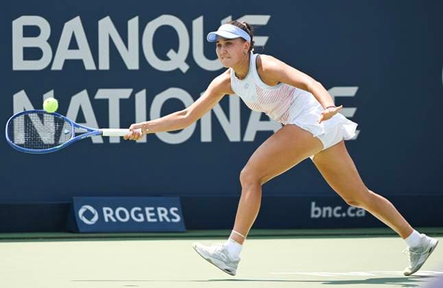 July 28, 2025, Montreal, Pq, Canada: Kamilla Rakhimova, of Russia, plays a shot to Kayla Cross, of Canada, during their first round match at the National Bank Open tennis tournament in Montreal, Monday, July 28, 2025. Kamilla Rakhimova, Kayla Cross, - ZUMAc35_ 20250728_zaf_c35_005 Copyright: xGrahamxHughesx