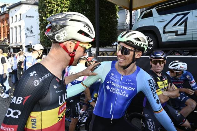 Belgian Tim Wellens of UAE Team Emirates, Belgian Oliver Naesen of Decathlon AG2R La Mondiale Team and pictured before the Natourcriterium Aalst cycling event, Monday 28 July 2025 in Aalst. The traditional criteriums are local showcases for which mainly cyclists who rode the Tour de France are invited. ERICxLALMAND  x130205350x