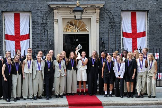 28 07 2025. London, United Kingdom. England s victorious Women s football team in Downing Street in London for a reception after winning the Euro 2025 final.  xStephenxLockx xixImagesx IIM-26126-0013