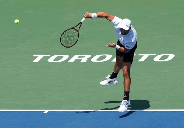 July 28, 2025, Toronto, On, CANADA: Dan Martin of Canada serves the ball against Jaume Munar of Spain during first round tennis action at the National Bank Open in Toronto on Monday, July 28, 2025. Canada News - July 28, 2025  - ZUMAc35_ 20250728_zaf_c35_057 Copyright: xNathanxDenettex