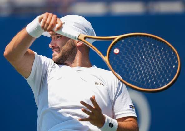 July 28, 2025, Toronto, On, CANADA: Dan Martin of Canada returns the ball against Jaume Munar of Spain during first round tennis action at the National Bank Open in Toronto on Monday, July 28, 2025. Canada News - July 28, 2025  - ZUMAc35_ 20250728_zaf_c35_062 Copyright: xNathanxDenettex