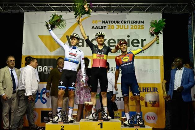 Belgian Tim Merlier of Soudal Quick-Step, Belgian Tim Wellens of UAE Team Emirates and Belgian Thibau Nys of Lidl-Trek pictured on the podium after the Natourcriterium Aalst cycling event, Monday 28 July 2025 in Aalst. The traditional criteriums are local showcases for which mainly cyclists who rode the Tour de France are invited. ERICxLALMAND  x130212378x