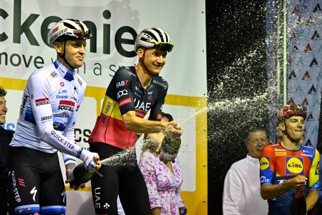 Belgian Tim Merlier of Soudal Quick-Step, Belgian Tim Wellens of UAE Team Emirates and Belgian Thibau Nys of Lidl-Trek pictured on the podium after the Natourcriterium Aalst cycling event, Monday 28 July 2025 in Aalst. The traditional criteriums are local showcases for which mainly cyclists who rode the Tour de France are invited. ERICxLALMAND  x130212380x