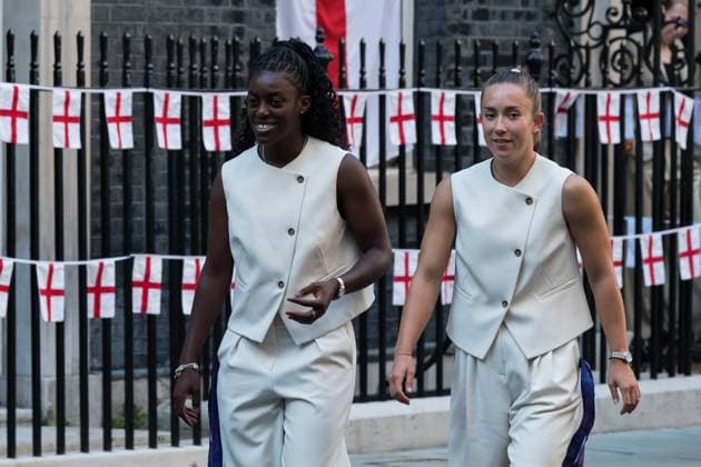 England Women s Football Team Celebrate EURO 2025 Win in Downing Street in London LONDON, UNITED KINGDOM - JULY 28: Michelle Agyemang (L) and Maya Le Tissier leave Downing Street after a reception organised for England Women s National Football Team, the Lionesses, to celebrate the defence of their European title in London, United Kingdom on July 28, 2025. The Lionesses defeated the World Champions Spain on penalties in the UEFA Women s EURO 2025 final in Basel last night with the celebrations to continue in London with an open top bus parade tomorrow. Wiktor Szymanowicz Anadolu London United Kingdom. Editorial use only. Please get in touch for any other usage.  Copyright: x2025xAnadoluxWiktorxSzymanowiczx
