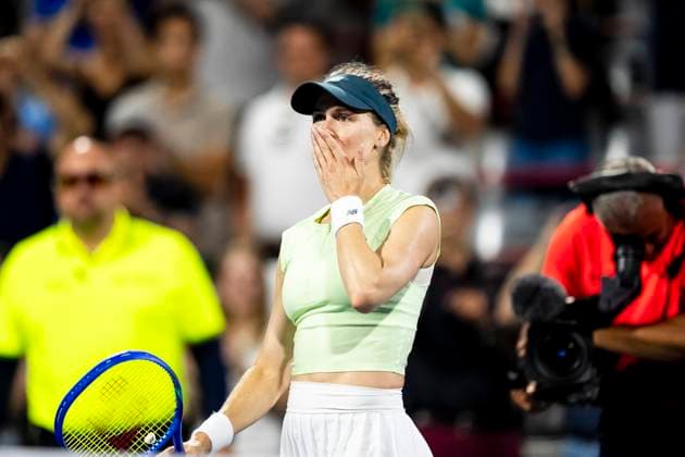 July 28, 2025, Montreal, Pq, CANADA: Eugenie Bouchard of Canada celebrates after defeating Emiliana Arango of Colombia during her first round match at the National Bank Open tennis tournament in Montreal on Monday, July 28, 2025. Canada News - July 28, 2025  - ZUMAc35_ 20250728_zaf_c35_152 Copyright: xChristopherxKatsarovx