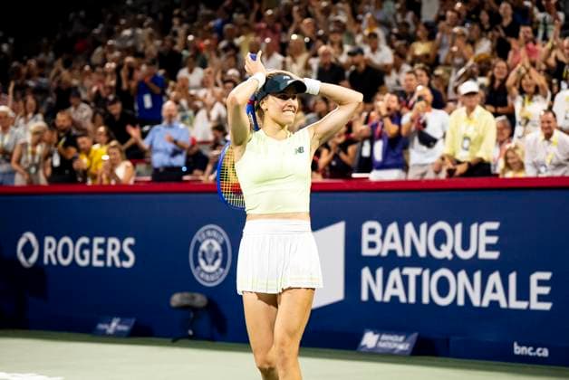 July 28, 2025, Montreal, Pq, CANADA: Eugenie Bouchard of Canada celebrates after defeating Emiliana Arango of Colombia during her first round match at the National Bank Open tennis tournament in Montreal on Monday, July 28, 2025. Canada News - July 28, 2025  - ZUMAc35_ 20250728_zaf_c35_157 Copyright: xChristopherxKatsarovx