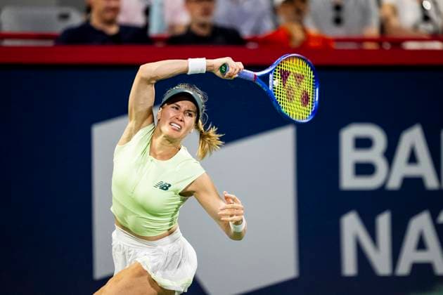 July 28, 2025, Montreal, Pq, CANADA: Eugenie Bouchard of Canada returns a shot during her first round match against Emiliana Arango of Colombia, at the National Bank Open tennis tournament in Montreal on Monday, July 28, 2025. Canada News - July 28, 2025  - ZUMAc35_ 20250728_zaf_c35_173 Copyright: xChristopherxKatsarovx