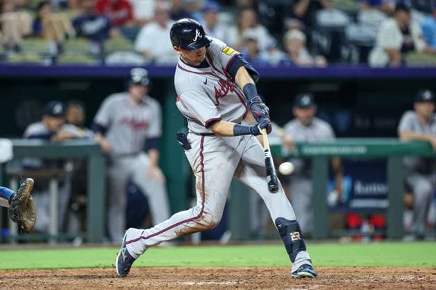 July 28, 2025: Atlanta Braves third baseman Austin Riley (27) hits a three RBI double against the Kansas City Royals during the eighth inning at Kauffman Stadium in Kansas City, MO. CSM Kansas City United States of America - ZUMAc04_ 20250728_zma_c04_033 Copyright: xDavidxSmithx