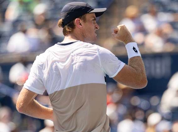 (250729) -- TORONTO, July 29, 2025 -- Tristan Schoolkate celebrates scoring during the men s singles first round match between Tristan Schoolkate of Australia and Joao Fonseca of Brazil at the 2025 National Bank Open tennis tournament in Toronto, Canada, July 28, 2025. (Photo by Xinhua) (SP)CANADA-TORONTO-TENNIS-NATIONAL BANK OPEN-MEN S SINGLES ZouxZheng 