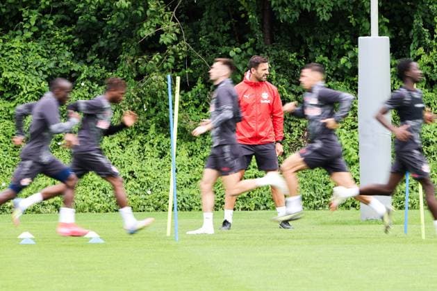 SOCCER - UEFA CL, RBS vs Brann SALZBURG,AUSTRIA,29.JUL.25 - SOCCER - UEFA Champions League, Red Bull Salzburg vs SK Brann Bergen, preview, training RBS. Image shows the team of RBS.  GEPAxpictures xMathiasxMandl