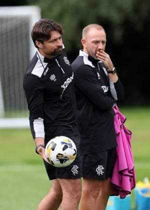 Rangers head coach Russell Martin and Matt Gill at training ahead of tomorrow s Champions League second leg qualifying match against Panathinaikos. Rangers Training - The Rangers Training Centre, Glasgow, Lanarkshire, Scotland, UK - 29 Jul 2025Glasgow The Rangers Training Centre Lanarkshire United Kingdom  Copyright: xO Rourke RangersxFC Shutterstockx 15419009n