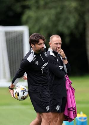 Rangers head coach Russell Martin and Matt Gill at training ahead of tomorrow s Champions League second leg qualifying match against Panathinaikos. Rangers Training - The Rangers Training Centre, Glasgow, Lanarkshire, Scotland, UK - 29 Jul 2025Glasgow The Rangers Training Centre Lanarkshire United Kingdom  Copyright: xO Rourke RangersxFC Shutterstockx 15419009t