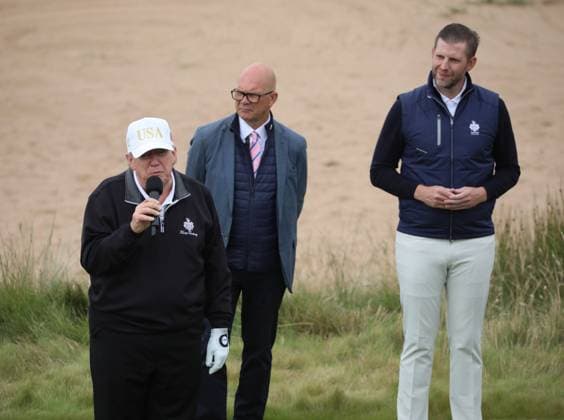 American President Donald Trump speaks at the opening of The New Course at Trump International Links, Aberdeen in Scotland on Tuesday, July 29, 2025. Trump is on a four day visit to Scotland where he will be playing golf and meeting International leaders for trade discussions.  LON2025072934 HUGOxPHILPOTT