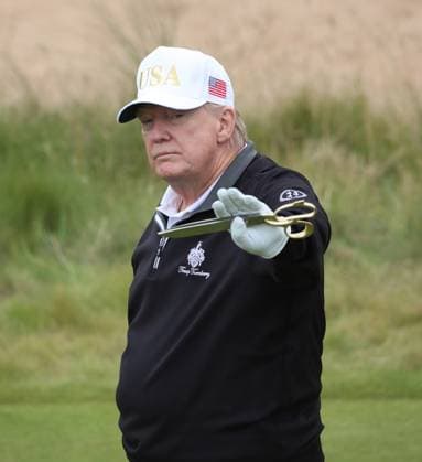 American President Donald Trump after opening The New Course at Trump International Links, Aberdeen in Scotland on Tuesday, July 29, 2025. Trump is on a four day visit to Scotland where he will be playing golf and meeting International leaders for trade discussions.  LON2025072917 HUGOxPHILPOTT