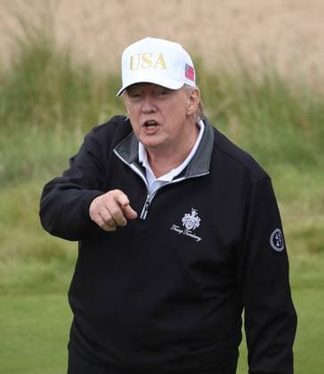 American President Donald Trump after opening The New Course at Trump International Links, Aberdeen in Scotland on Tuesday, July 29, 2025. Trump is on a four day visit to Scotland where he will be playing golf and meeting International leaders for trade discussions.  LON2025072918 HUGOxPHILPOTT