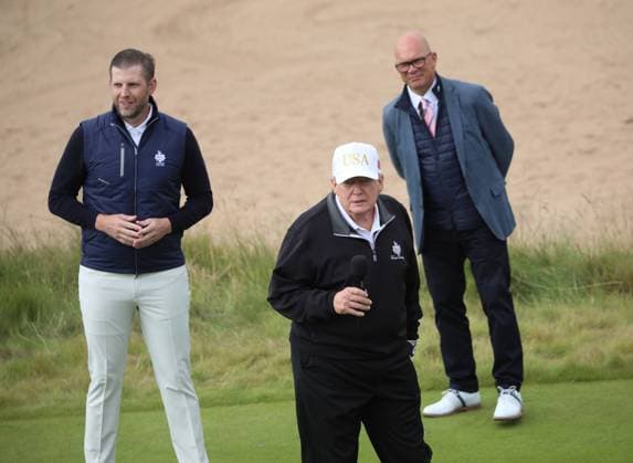 American President Donald Trump speaks at the opening of The New Course at Trump International Links, in Aberdeen Scotland on Tuesday, July 29, 2025. Trump is on a four day visit to Scotland where he will be playing golf and meeting International leaders for trade discussions.  LON2025072928 HUGOxPHILPOTT