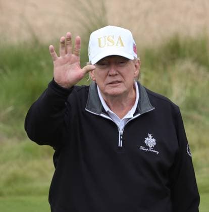 American President Donald Trump after opening The New Course at Trump International Links, Aberdeen in Scotland on Tuesday, July 29, 2025. Trump is on a four day visit to Scotland where he will be playing golf and meeting International leaders for trade discussions.  LON2025072920 HUGOxPHILPOTT
