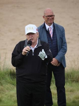 American President Donald Trump speaks at the opening of The New Course at Trump International Links, Aberdeen in Scotland on Tuesday, July 29, 2025. Trump is on a four day visit to Scotland where he will be playing golf and meeting International leaders for trade discussions.  LON2025072925 HUGOxPHILPOTT