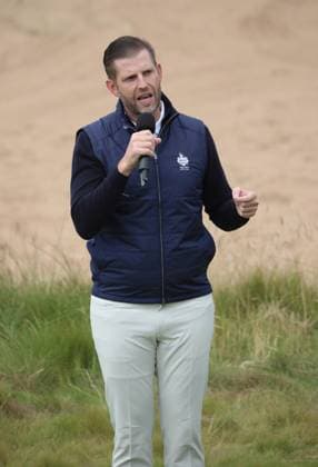 Eric Trump speaks at the opening of The New Course at Trump International Links, Aberdeen in Scotland on Tuesday, July 29, 2025. Trump is on a four day visit to Scotland where he will be playing golf and meeting International leaders for trade discussions.  LON2025072929 HUGOxPHILPOTT