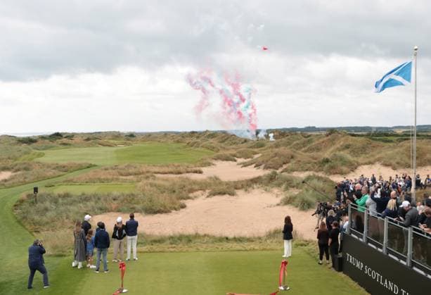 American President Donald Trump and his family watch fireworks at the opening of The New Course at Trump International Links, Aberdeen in Scotland on Tuesday, July 29, 2025. Trump is on a four day visit to Scotland where he will be playing golf and meeting International leaders for trade discussions.  LON2025072938 HUGOxPHILPOTT