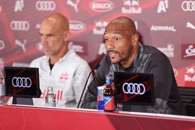 SOCCER - UEFA CL, RBS vs Brann SALZBURG,AUSTRIA,29.JUL.25 - SOCCER - UEFA Champions League, Red Bull Salzburg vs SK Brann Bergen, preview, press conference, PK, Pressekonferenz RBS. Image shows Karim Onisiwo (RBS).  GEPAxpictures xMathiasxMandl