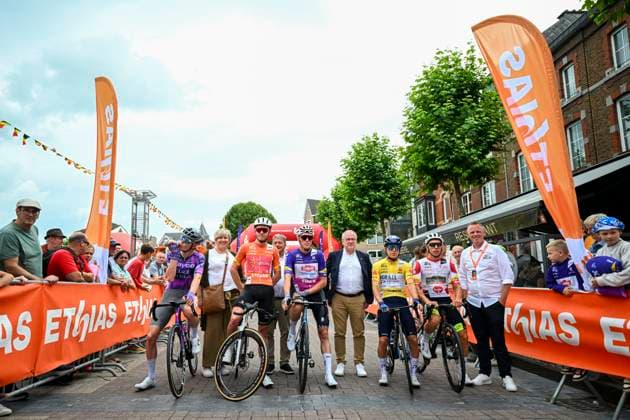 Tour de Wallonie 2025 Stage 4 SERAING, BELGIUM - JULY 29 : Knight Oliver (GBR) of Cofidis, Kielich Timo (POL) of Alpecin-Deceuninck, Strong Corbin (USA) of Israel - Premier Tech, Van Rooy Kenneth of Wagner Bazin WB at the start line during stage 4 of the 30th edition of Tour de Wallonie an UCI ProSeries 2.Pro cycling road race stage for Men Elite of 163.3 km with start in Welkenraedt and finish in Seraing on July 29, 2025 in Seraing, Belgium, 29 07 2025 ( Motordriver Louis Bidlot - Seraing Belgium  Copyright: xTomasxSiskx