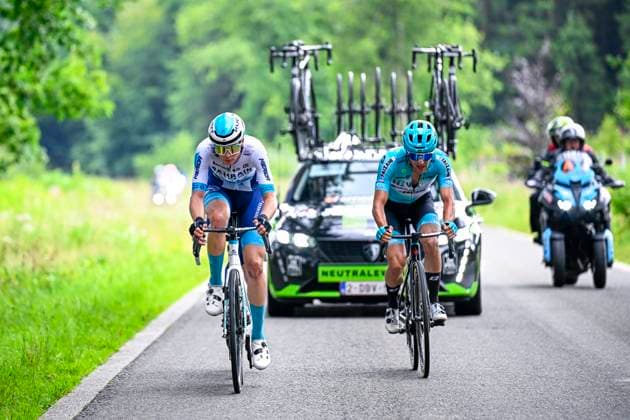 Tour de Wallonie 2025 Stage 4 SERAING, BELGIUM - JULY 29 : Borgo Alessandro of Bahrain - Victorious and Martinelli Alessio of VF Group - Bardiani CSF - Faizane in the escape pack during stage 4 of the 30th edition of Tour de Wallonie an UCI ProSeries 2.Pro cycling road race stage for Men Elite of 163.3 km with start in Welkenraedt and finish in Seraing on July 29, 2025 in Seraing, Belgium, 29 07 2025 ( Motordriver Louis Bidlot - Seraing Belgium  Copyright: xTomasxSiskx