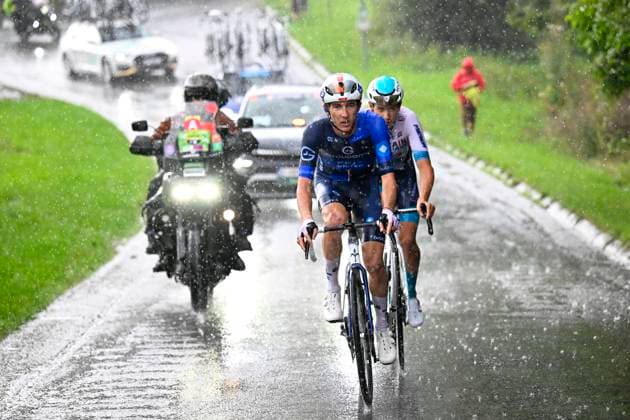 Tour de Wallonie 2025 Stage 4 SERAING, BELGIUM - JULY 29 : Van Mechelen Vlad of Bahrain - Victorious and Donnenwirth Tom of Groupama FDJ in the escape pack during stage 4 of the 30th edition of Tour de Wallonie an UCI ProSeries 2.Pro cycling road race stage for Men Elite of 163.3 km with start in Welkenraedt and finish in Seraing on July 29, 2025 in Seraing, Belgium, 29 07 2025 ( Motordriver Louis Bidlot - Seraing Belgium  Copyright: xTomasxSiskx