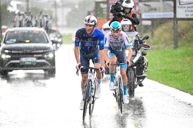 Tour de Wallonie 2025 Stage 4 SERAING, BELGIUM - JULY 29 : Van Mechelen Vlad of Bahrain - Victorious and Donnenwirth Tom of Groupama FDJ in the escape pack during stage 4 of the 30th edition of Tour de Wallonie an UCI ProSeries 2.Pro cycling road race stage for Men Elite of 163.3 km with start in Welkenraedt and finish in Seraing on July 29, 2025 in Seraing, Belgium, 29 07 2025 ( Motordriver Louis Bidlot - Seraing Belgium  Copyright: xTomasxSiskx