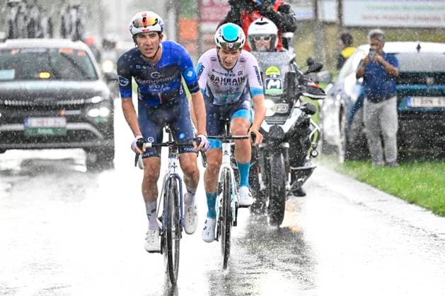Tour de Wallonie 2025 Stage 4 SERAING, BELGIUM - JULY 29 : Van Mechelen Vlad of Bahrain - Victorious and Donnenwirth Tom of Groupama FDJ in the escape pack during stage 4 of the 30th edition of Tour de Wallonie an UCI ProSeries 2.Pro cycling road race stage for Men Elite of 163.3 km with start in Welkenraedt and finish in Seraing on July 29, 2025 in Seraing, Belgium, 29 07 2025 ( Motordriver Louis Bidlot - Seraing Belgium  Copyright: xTomasxSiskx