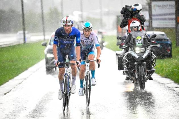 Tour de Wallonie 2025 Stage 4 SERAING, BELGIUM - JULY 29 : Van Mechelen Vlad of Bahrain - Victorious and Donnenwirth Tom of Groupama FDJ in the escape pack during stage 4 of the 30th edition of Tour de Wallonie an UCI ProSeries 2.Pro cycling road race stage for Men Elite of 163.3 km with start in Welkenraedt and finish in Seraing on July 29, 2025 in Seraing, Belgium, 29 07 2025 ( Motordriver Louis Bidlot - Seraing Belgium  Copyright: xTomasxSiskx