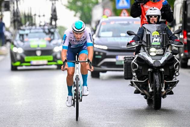 Tour de Wallonie 2025 Stage 4 SERAING, BELGIUM - JULY 29 : Van Mechelen Vlad of Bahrain - Victorious in the escape pack during stage 4 of the 30th edition of Tour de Wallonie an UCI ProSeries 2.Pro cycling road race stage for Men Elite of 163.3 km with start in Welkenraedt and finish in Seraing on July 29, 2025 in Seraing, Belgium, 29 07 2025 ( Motordriver Louis Bidlot - Seraing Belgium  Copyright: xTomasxSiskx