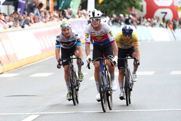Czech Mathias Vacek of Lidl-Trek (C) crosses the finish line to win the fourth stage of the Tour De Wallonie cycling race, from Welkenraedt to Seraing (163,3 km), on Tuesday 29 July 2025. BRUNOxFAHY  x130253632x