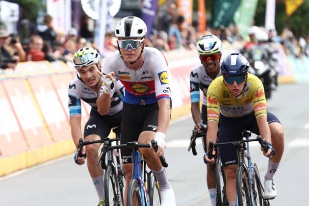 Czech Mathias Vacek of Lidl-Trek (C) crosses the finish line to win the fourth stage of the Tour De Wallonie cycling race, from Welkenraedt to Seraing (163,3 km), on Tuesday 29 July 2025. BRUNOxFAHY  x130253662x
