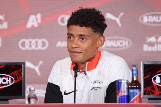 SOCCER - UEFA CL, RBS vs Brann SALZBURG,AUSTRIA,29.JUL.25 - SOCCER - UEFA Champions League, Red Bull Salzburg vs SK Brann Bergen, preview, press conference, PK, Pressekonferenz Brann. Image shows Japhet Sery Larsen (Brann).  GEPAxpictures xMathiasxMandl