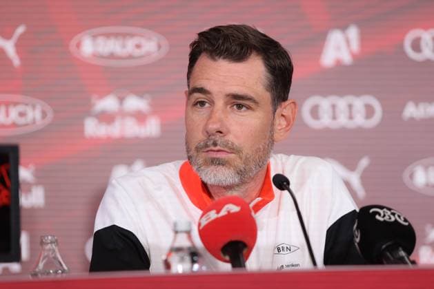 SOCCER - UEFA CL, RBS vs Brann SALZBURG,AUSTRIA,29.JUL.25 - SOCCER - UEFA Champions League, Red Bull Salzburg vs SK Brann Bergen, preview, press conference, PK, Pressekonferenz Brann. Image shows head coach Freyr Alexandersson (Brann).  GEPAxpictures xMathiasxMandl