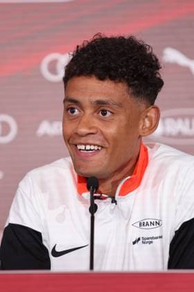 SOCCER - UEFA CL, RBS vs Brann SALZBURG,AUSTRIA,29.JUL.25 - SOCCER - UEFA Champions League, Red Bull Salzburg vs SK Brann Bergen, preview, press conference, PK, Pressekonferenz Brann. Image shows Japhet Sery Larsen (Brann).  GEPAxpictures xMathiasxMandl