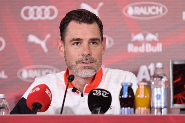 SOCCER - UEFA CL, RBS vs Brann SALZBURG,AUSTRIA,29.JUL.25 - SOCCER - UEFA Champions League, Red Bull Salzburg vs SK Brann Bergen, preview, press conference, PK, Pressekonferenz Brann. Image shows head coach Freyr Alexandersson (Brann).  GEPAxpictures xMathiasxMandl