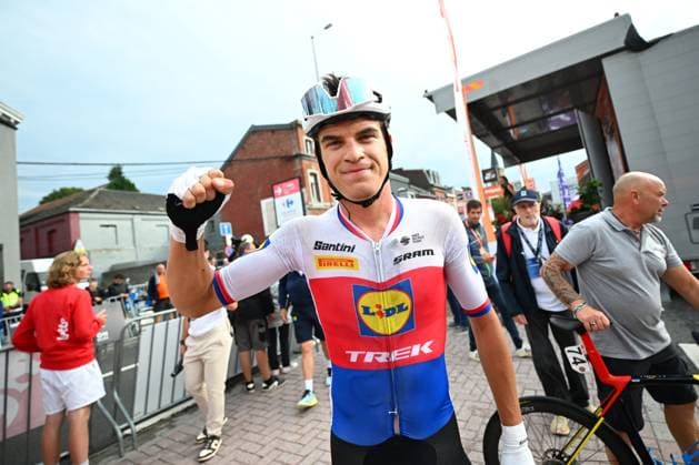 Tour de Wallonie 2025 Stage 4 SERAING, BELGIUM - JULY 29 : Vacek Mathias (CZE) of Lidl - Trek celebrating his victory during stage 4 of the 30th edition of Tour de Wallonie an UCI ProSeries 2.Pro cycling road race stage for Men Elite of 163.3 km with start in Welkenraedt and finish in Seraing on July 29, 2025 in Seraing, Belgium, 29 07 2025 ( Motordriver Louis Bidlot - Seraing Belgium  Copyright: xTomasxSiskx